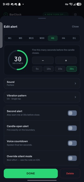BarClock candle close alert editor with a 30-second warning